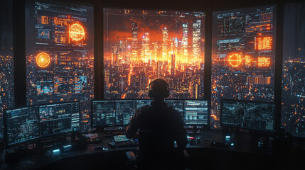 Wall Mural - A hacker sits in front of multiple monitors overlooking a glowing cityscape.