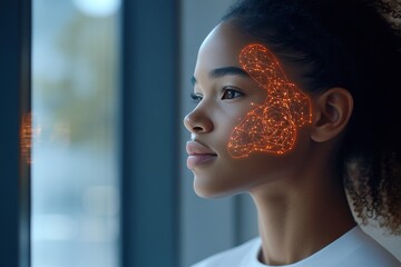 Canvas Print - Glial magnetoencephalography neuromodulation and cortical woman with orange neural patterns on her face representing connectivity and digital intelligence