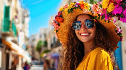 A joyful woman in a vibrant yellow dress and floral hat smiles in a sunlit street, radiating summer happiness and style. Hispanic Heritage, Day of the dead