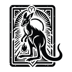 Kangaroo in Tarot card black and white silhouette illustration -