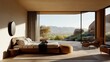 © sunchai - Spacious modern bedroom with a stunning mountain view and natural light, featuring minimalist decor and earthy tones.