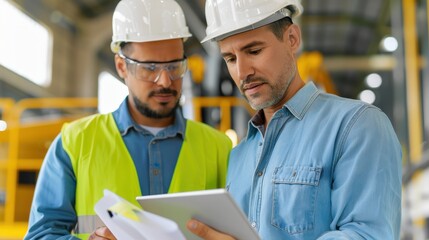 Two engineers in hard hats discussing project details on a tablet at a construction site, focused on planning and teamwork in industry environment.