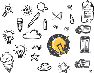 Poster - Hand drawn business icons set idea concept brainstorming doodles collection for marketing research analysis and strategy solution symbol isolated on white background vector illustration