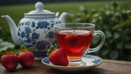 Wall Mural - China cup with strawberry tea, surrounded by strawberries.