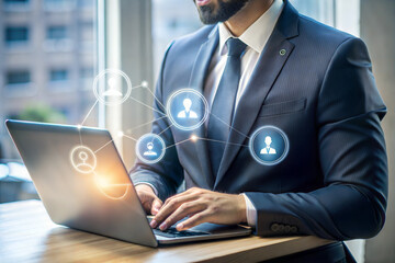 Businessman Using Laptop with Compliance Icons for Enforcement of Laws, Regulations, and Standards