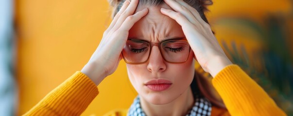 woman with headache in glasses and yellow sweater holding her head in both hands, orange background,