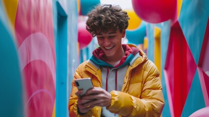 Young man smiling while looking at his smartphone in a colorful urban setting with balloons and vibrant walls.