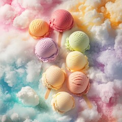 Wall Mural - Colorful ice cream scoops on pastel colored background.