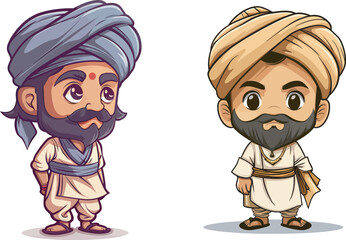 Two Indian men wearing traditional Kurta Pajama and turban character design cartoon illustration vector isolated on white background India people avatar set cultural diversity concept image full body