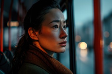 Sticker - Woman standing in bus photography portrait worried.