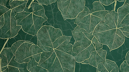 Canvas Print - Abstract pattern of green leaves with gold veins.