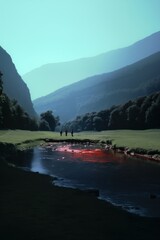 Canvas Print - People crossing the water of river mountain landscape outdoors.