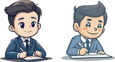 Two cute businessmen writing notes businessman cartoon character office worker illustration employee smiling working signing contract happy agreement success doodle hand drawn style businessman