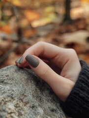 A close-up of a hand resting on a rock in a natural setting, showcasing stylish nail art and autumn leaves in the background.