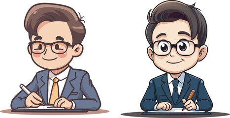 Poster - Businessman cartoon character wearing suit and eyeglasses working signing document writing taking notes office work happy employee successful entrepreneur vector illustration