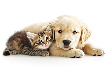 Wall Mural - Retriever puppy and cat. Isolated on white background