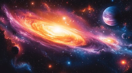 Wall Mural - Vector design of an abstract space scene with swirling galaxies distant planets and radiant stars creating a colorful and otherworldly cosmic scene