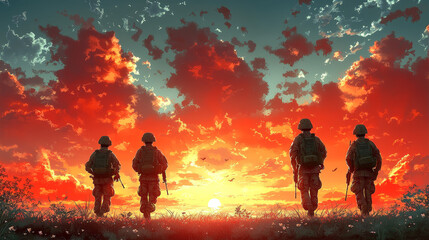 Wall Mural - Silhouettes of soldiers walking into a fiery sunset.