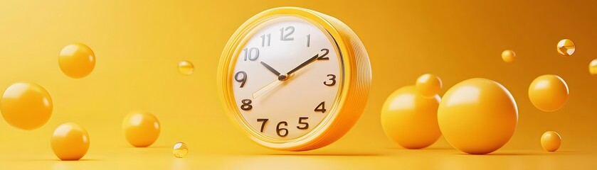 Poster - A vibrant yellow clock surrounded by playful yellow spheres, symbolizing time and creativity in a cheerful setting.