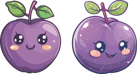 Two cute happy purple plum cartoon character mascot smiling for healthy food design fruit logo kawaii mascot brand fun illustration drawing clip art children book animation digital art vector