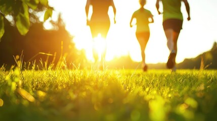 Group of runners enjoying a sunny morning jog on a green field, capturing the essence of fitness and outdoor activity.