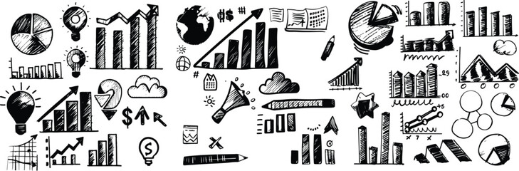 Poster - hand drawn business charts and graphs infographic elements doodles set finance strategy sketch stati
