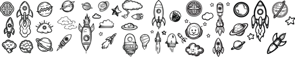 Wall Mural - hand drawn space doodle elements rockets planets stars astronaut ufo spaceship cosmos galaxy solar s