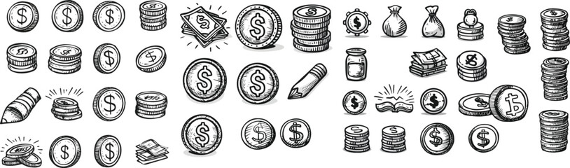 Hand drawn money set doodle finance currency coin cash dollar sign investment wealth payment business banking rich economic symbol illustration