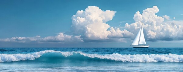 sailboat on the horizon, dramatic clouds, ocean waves, watercolor style