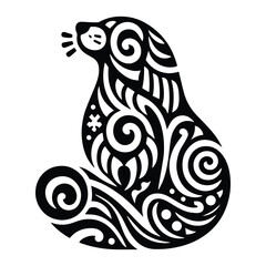 Wall Mural - sea lion in folk art black and white silhouette illustration -