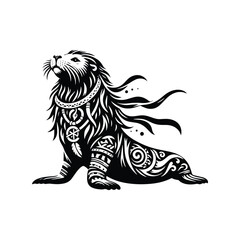 Wall Mural - Sealion in bohemian black and white silhouette illustration -