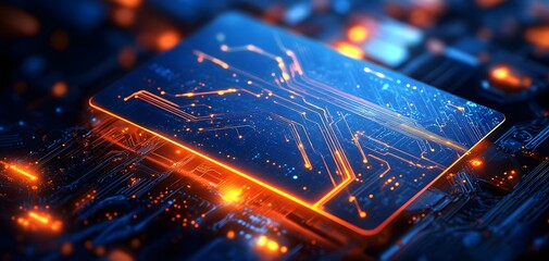 Poster - Close-up of a glowing circuit board showcasing intricate patterns and vibrant colors, ideal for technology and design themes.