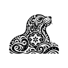 Wall Mural - Sealion in folk art black and white silhouette illustration -