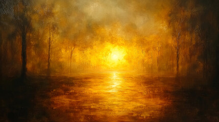 Poster - Golden sunset reflected on calm water.