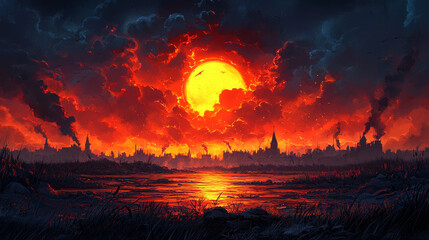 Wall Mural - A fiery sunset illuminates a city skyline, with a large, yellow sun.