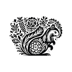 Wall Mural - Squirrel in folk art black and white silhouette illustration -