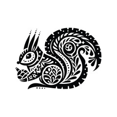 Wall Mural - Squirrel in folk art black and white silhouette illustration -