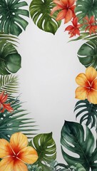 Wall Mural - Tropical watercolor frame with monstera leaves and exotic flowers, perfect for beach decor.