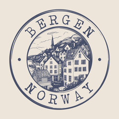 Sticker - Bergen, Norway Stamp City Postmark. Silhouette Postal Passport. Round Vector Icon. Vintage Postage Design