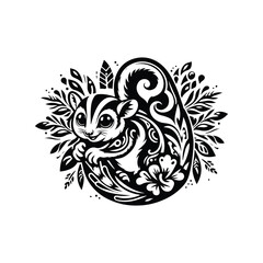 Wall Mural - Sugar glider in folk art black and white silhouette illustration -