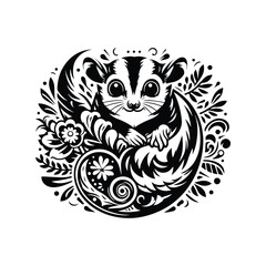 Wall Mural - Sugar glider in folk art black and white silhouette illustration -