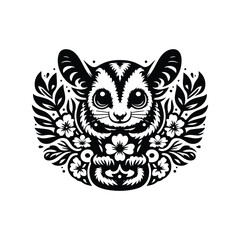 Wall Mural - Sugar glider in folk art black and white silhouette illustration -