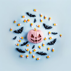Wall Mural - Grainy flat lay illustration with spooky pink jack-o-lantern 3D toy surrounded by candy corn; textured blue background