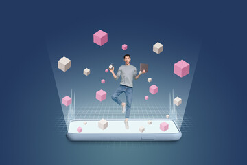 Aufkleber - Creative image collage young man stand one leg balance laptop freelancer alarm clock deadline time management virtual reality
