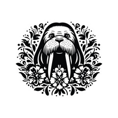 Wall Mural - Walrus in folk art black and white silhouette illustration -