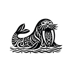 Wall Mural - Walrus in folk art black and white silhouette illustration -