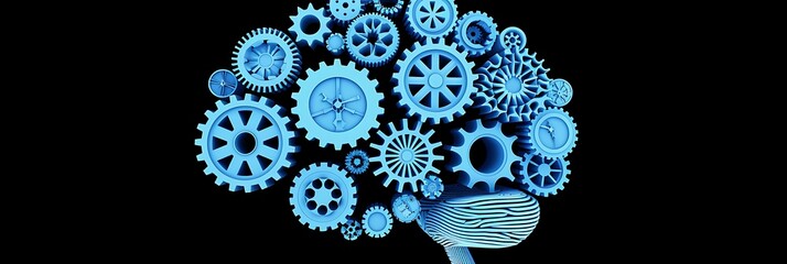 brain made of gears and cogs, with a blue color theme on a black background. the power of mechanical brain