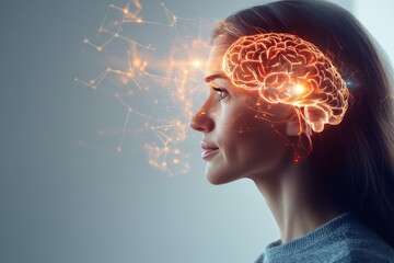 Wall Mural - Synaptic synapticplasticity neurosignal and magnetoencephalography woman with glowing neural brain patterns symbolizing intellectual power and mental energy