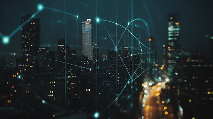 Wall Mural - Smart digital city with connection cyber security network reciprocity over the cityscape . future smart wireless digital city and social media networking systems that connects people within the city