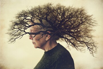 Poster - Electrophysiology neurotherapeutics neuralplasticity and vesicle elderly woman with tree like neural patterns growing from her head symbolizing deep rooted wisdom